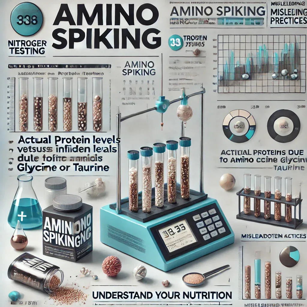 A visual explaining amino spiking, showing nitrogen testing and misleading protein claims in supplements.