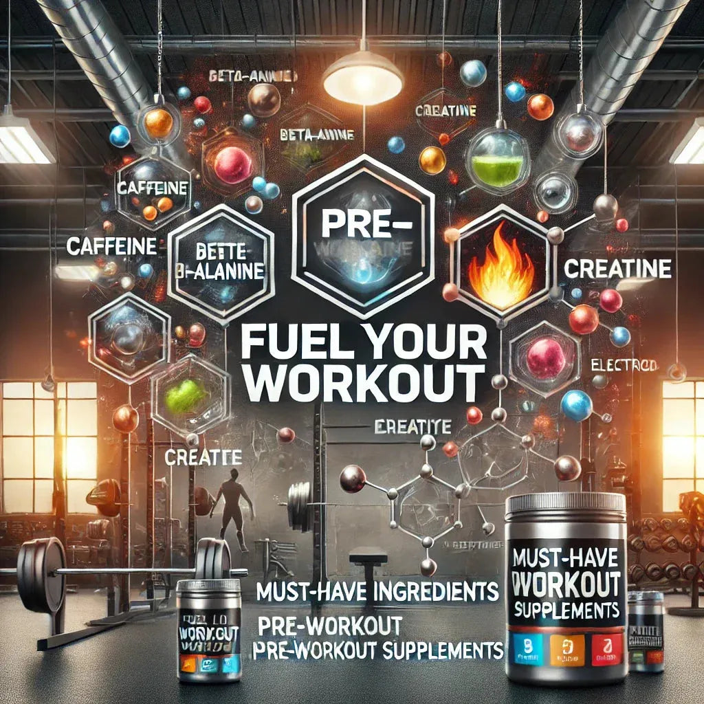 Highlighting key pre-workout ingredients like caffeine, beta-alanine, and creatine, this design inspires energy, endurance, and peak performance
