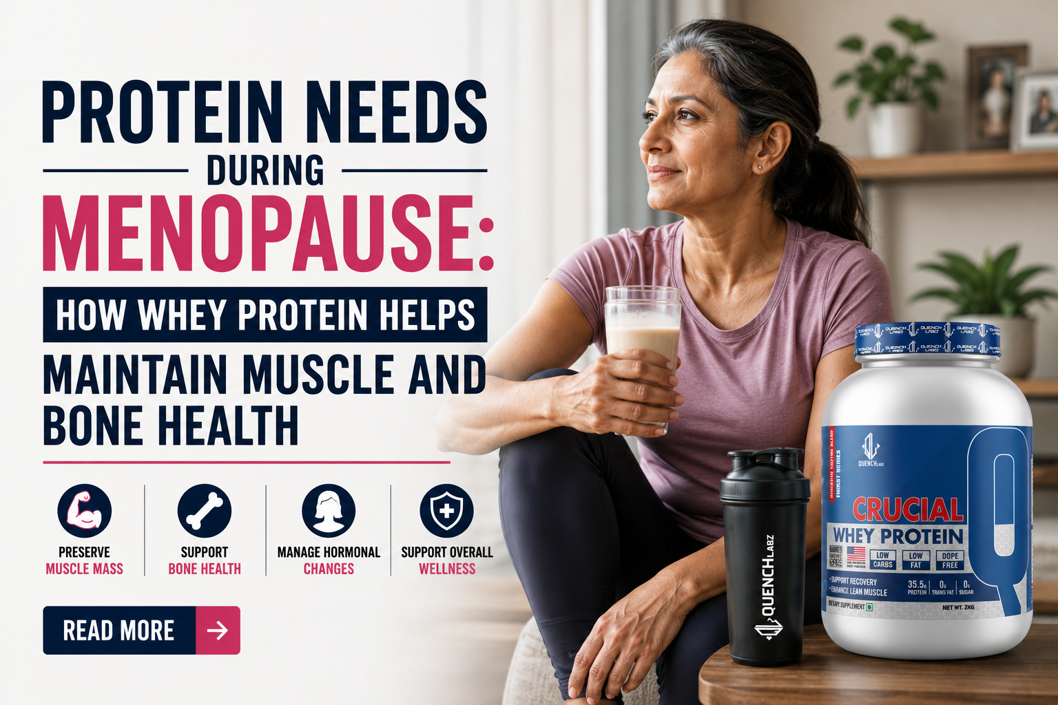 Learn how whey protein for women supports muscle maintenance, bone health, and healthy aging during menopause. Discover protein needs and practical nutrition tips for menopausal women.