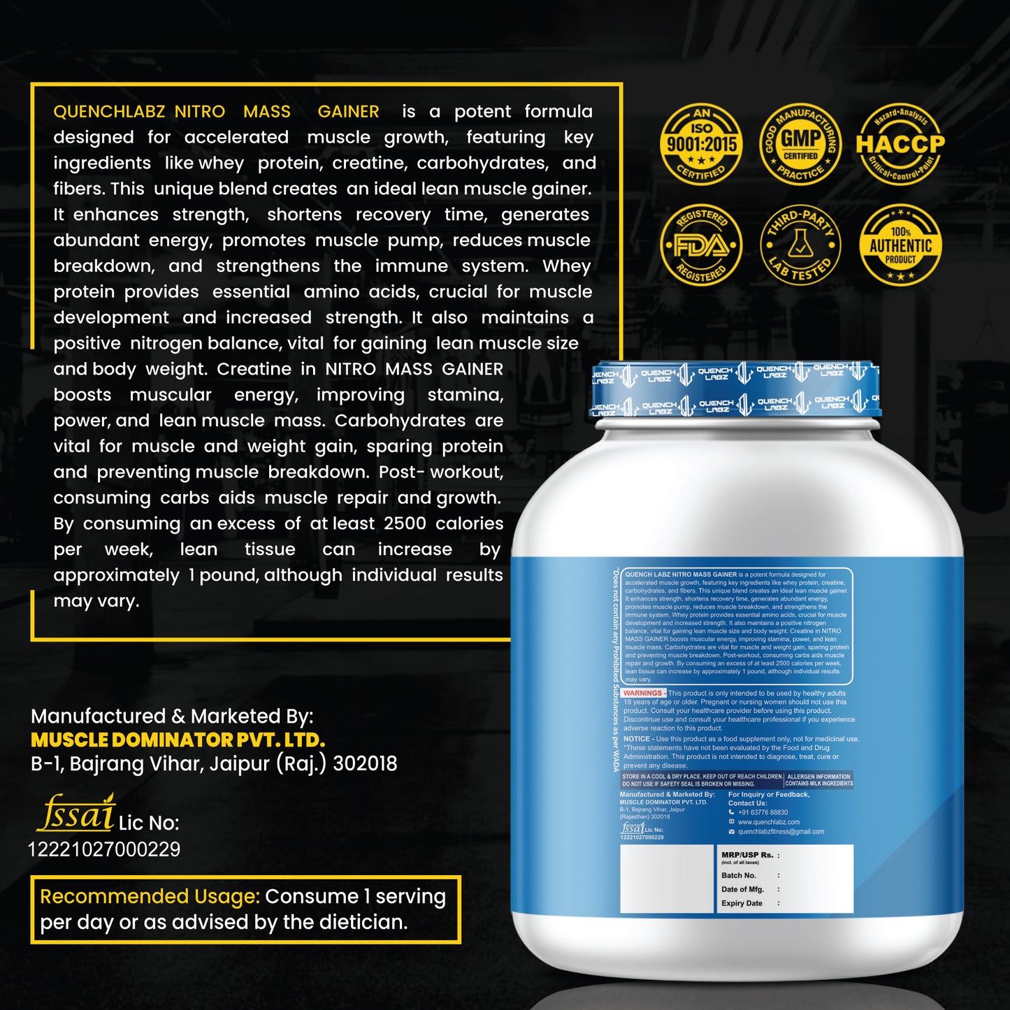 Nitro Mass Gainer | 3G Ashwagandha | 1G Macca | 3G Creatine | with Shaker