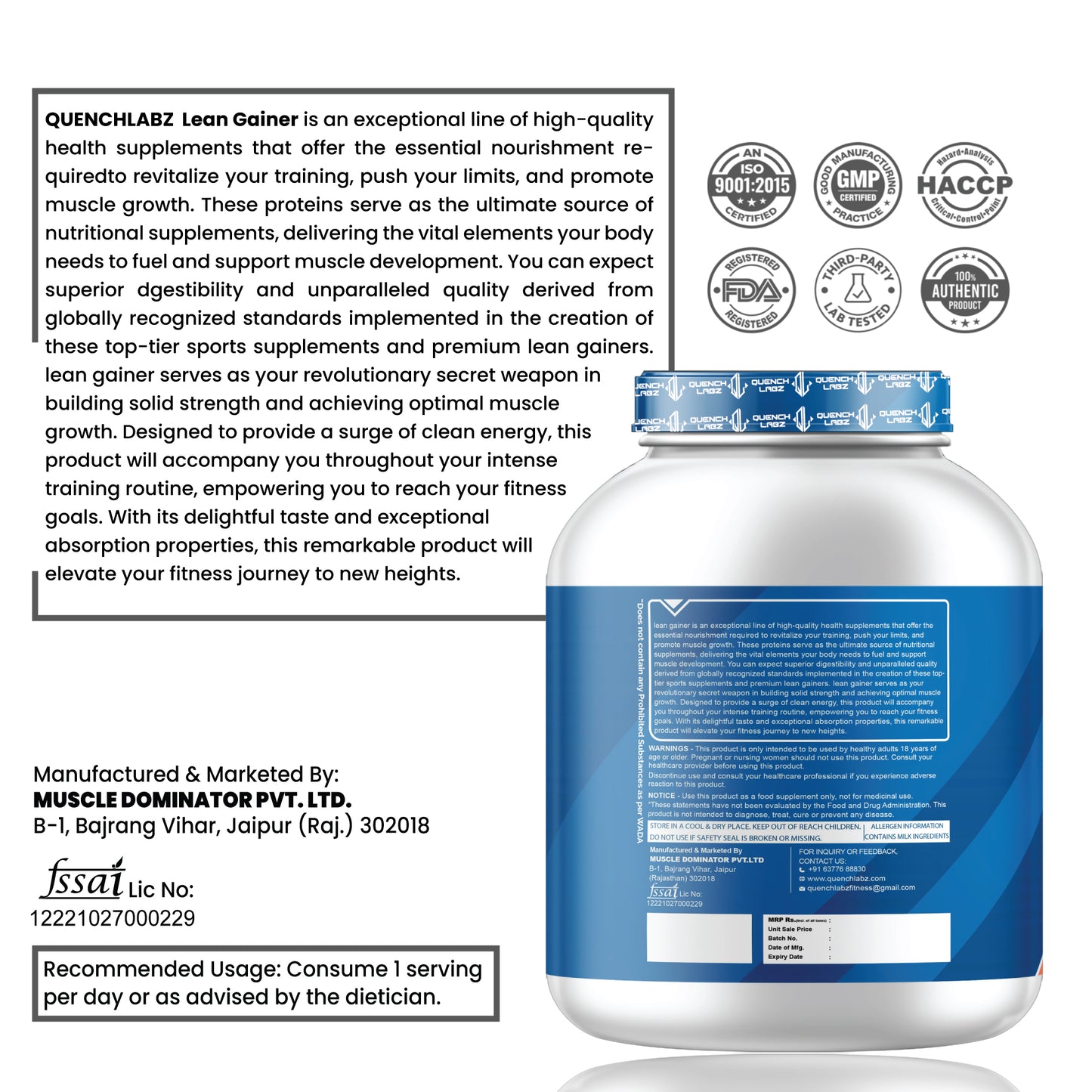 Lean Gainer 3 Kg + Creatine Monohydrate + Shaker 700 ml