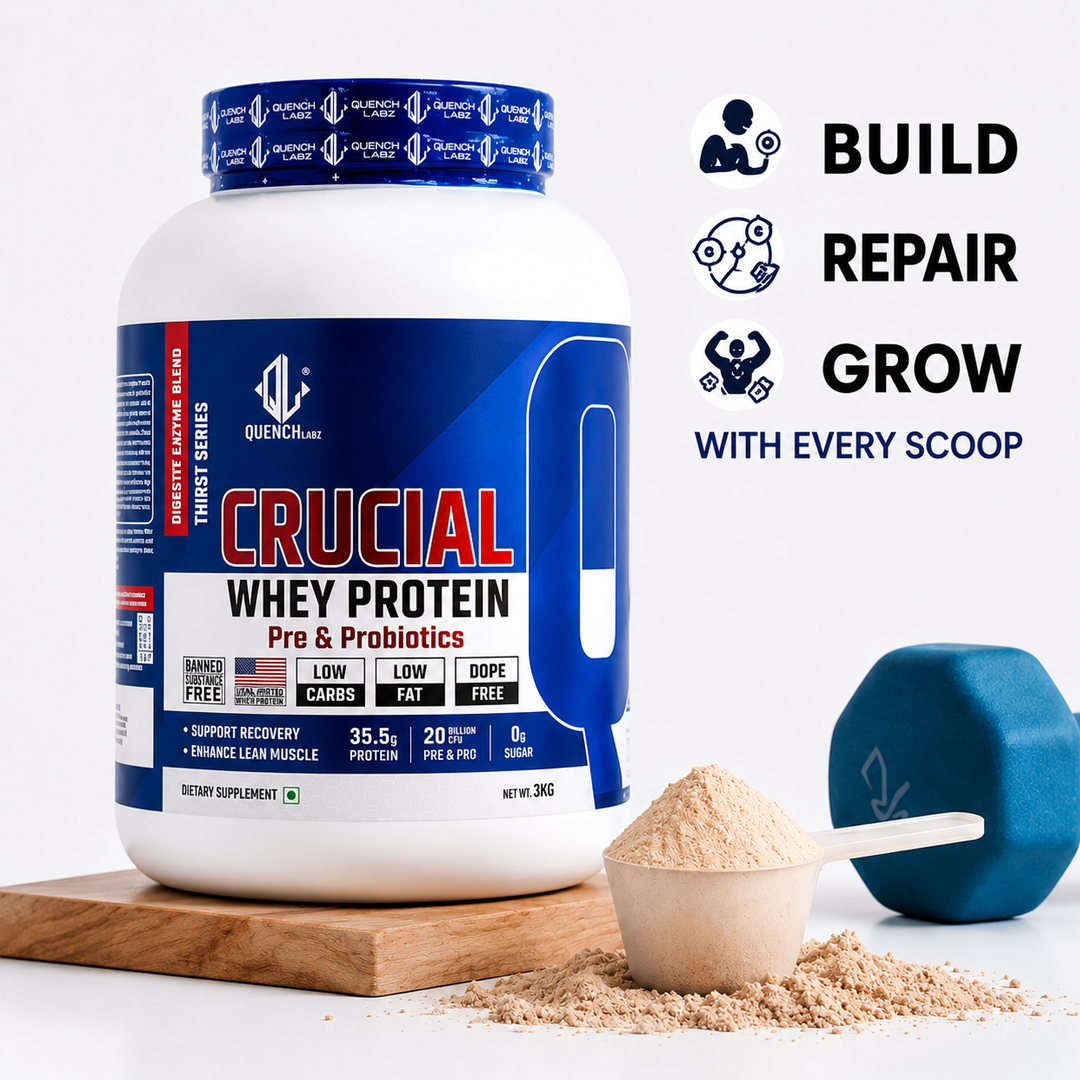 Crucial Whey Protein Combo with Pre workout and Creatine | 35.5 G Protein with Pre & Pro Biotics
