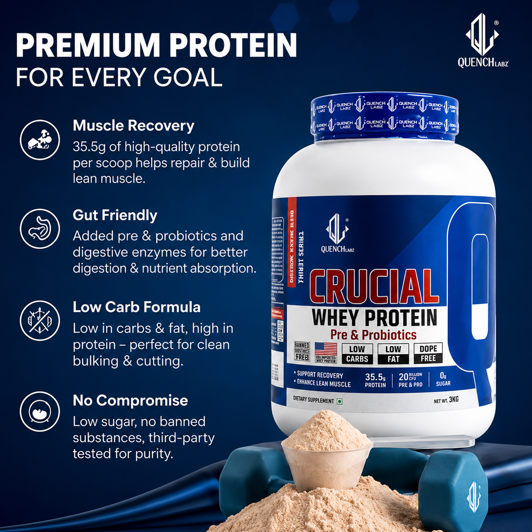 Crucial Whey Protein Combo with Pre workout and Creatine | 35.5 G Protein with Pre & Pro Biotics