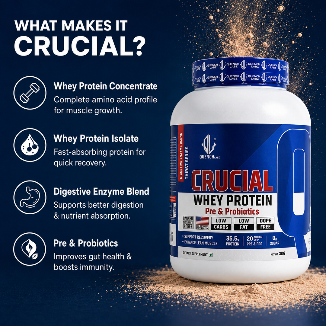 Crucial Whey Protein Combo with Pre workout and Creatine | 35.5 G Protein with Pre & Pro Biotics