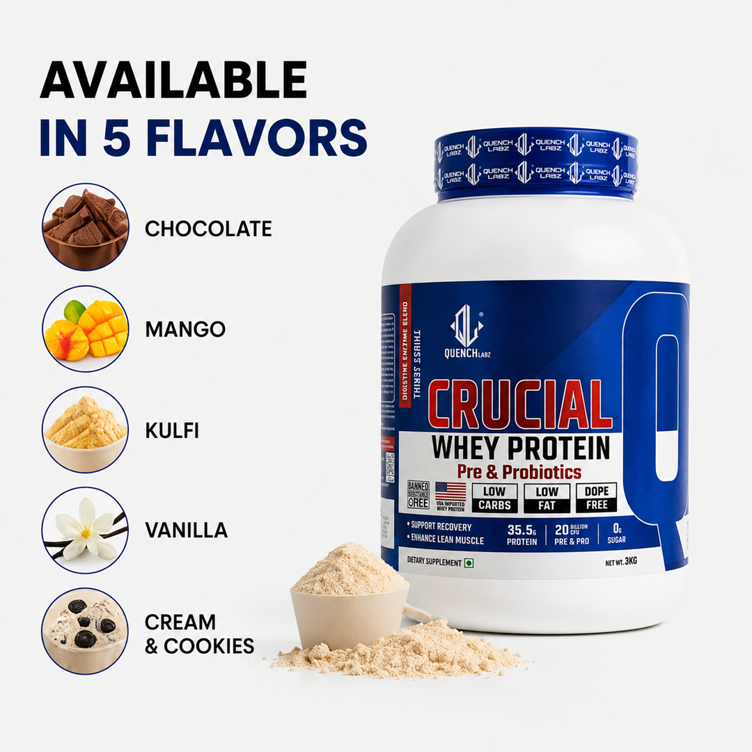 Crucial Whey Protein Combo with Pre workout and Creatine | 35.5 G Protein with Pre & Pro Biotics