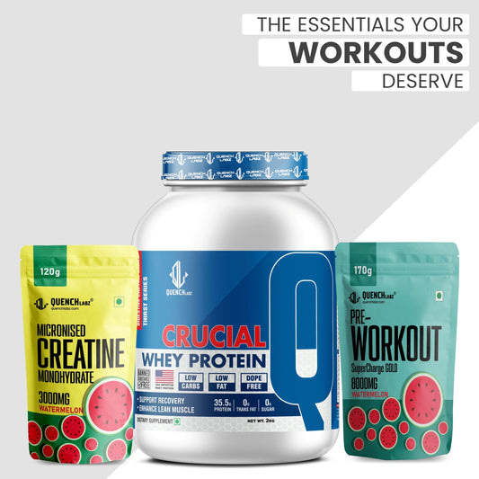Crucial Whey Protein Combo with Pre workout and Creatine | 35.5 G Protein with Pre & Pro Biotics