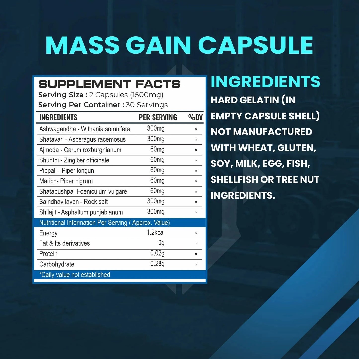 Mass Gainer 3 Kg + Mass Gain 60 capsules + Shaker 700 ml