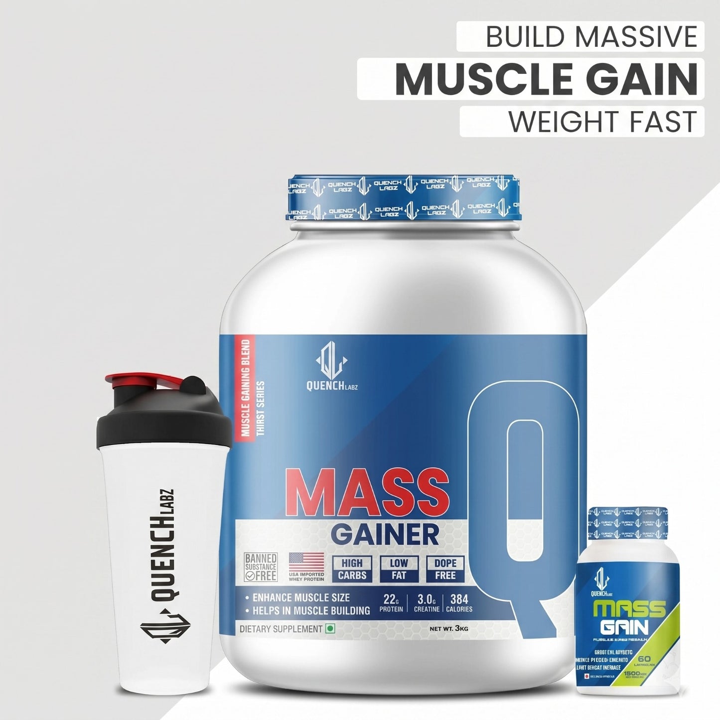 Mass Gainer 3 Kg + Mass Gain 60 capsules + Shaker 700 ml