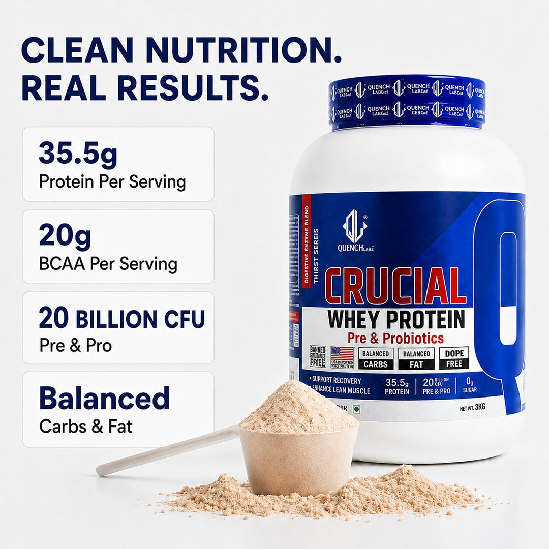 Crucial Whey Protein Combo with Pre workout and Creatine | 35.5 G Protein with Pre & Pro Biotics